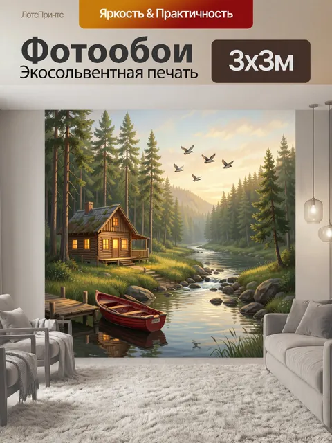 Фотообои Лесная хижина у реки. Уютный деревянный домик среди высоких сосен, тихая река с камнями и лодкой у причала, л…
