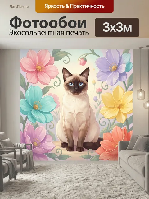Фотообои Сиамский кот среди цветочных букетов. Нежная иллюстрация с голубоглазым сиамским питомцем в окружении крупных…