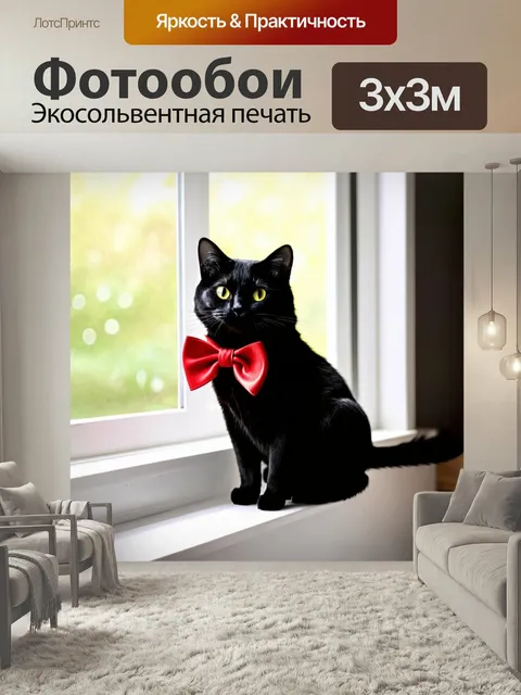 Фотообои Черный кот с красным бантом на шее сидит на подоконнике у окна в солнечной комнате с белыми деревянными…