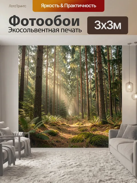 Фотообои Солнечный хвойный лес. Высокие сосны и ели в туманном бору, мягкие лучи солнца, мох, папоротники и лесная тро…