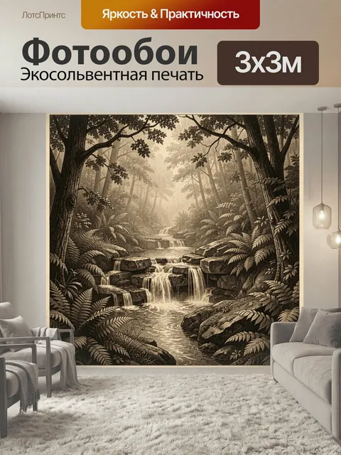 Фотообои Лесной водопад среди папоротников. Многоярусный ручей в густой роще, каменные пороги, тропическая зелень, выс…