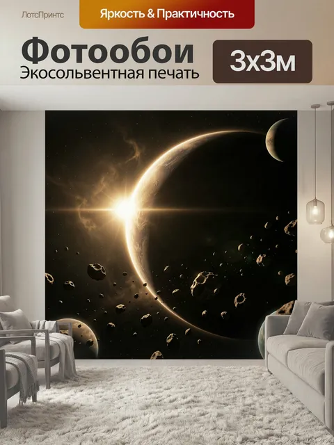 Фотообои Космос с планетой и астероидами. Фантастическая сцена в открытом пространстве: солнечное сияние у края небесн…