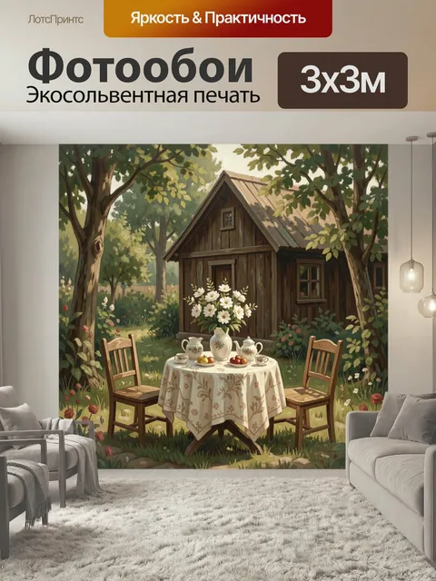 Фотообои Летний чайный столик в саду. Уютный деревенский дворик с деревянным домом, сервированным столом, фарфоровым ч…