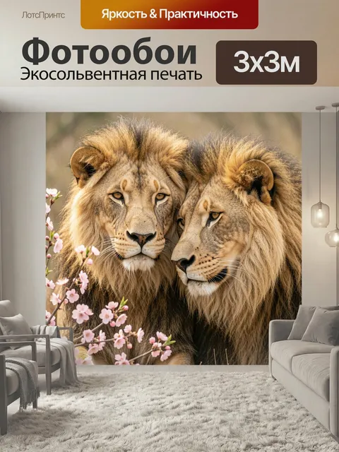 Фотообои Два льва среди цветущих веток. Реалистичное изображение двух величественных царей саванны в теплых золотисто-…