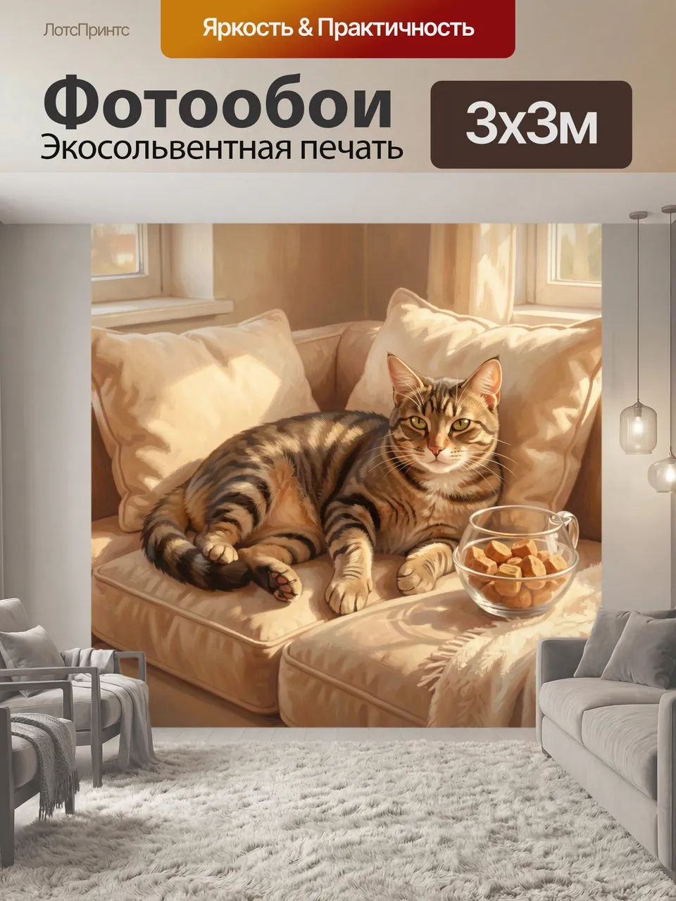 Фотообои Полосатый кот на мягких подушках