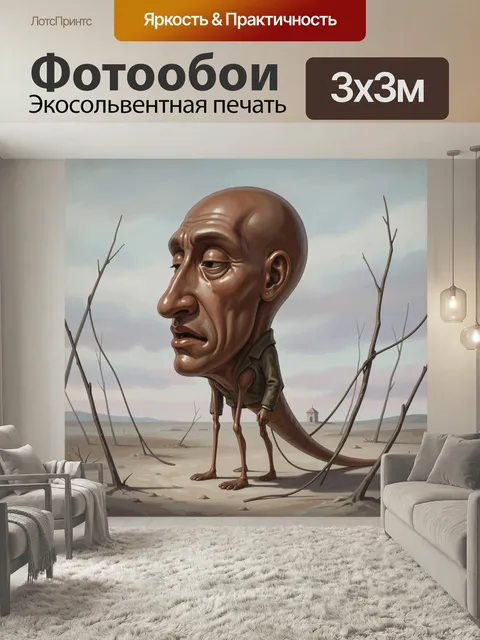 Фотообои Сюрреалистический человекоподобный персонаж в пустыне. Фантазийная сцена с огромной головой и вытянутым телом…