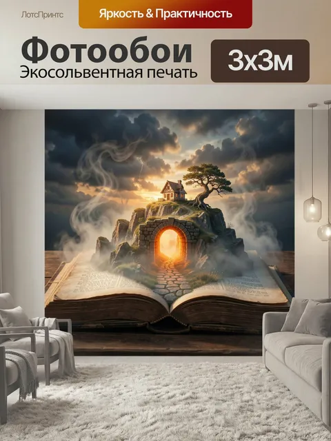 Фотообои Фэнтезийный сюжет с порталом. Раскрытый старинный том, каменная дорожка в огненный проход, домик на скале и д…