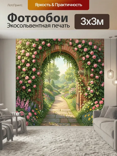 Фотообои Садовая арка с розами. Кирпичный проход, увитый нежно-розовыми бутонами и зеленью, ведет в цветущий парк с из…
