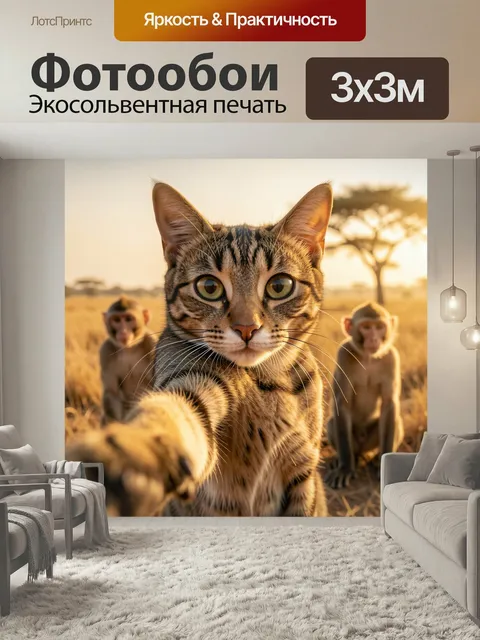 Фотообои Кошка среди обезьян в саванне. Крупный план полосатого кота на фоне африканской саванны, позади сидят обезьян…