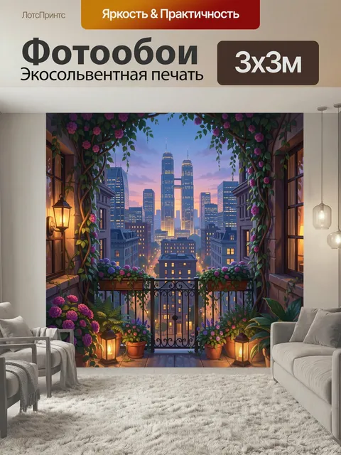 Фотообои Цветущий балкон с видом на мегаполис. Уютная городская терраса с пышными вьющимися цветами, горшками и тёплым…