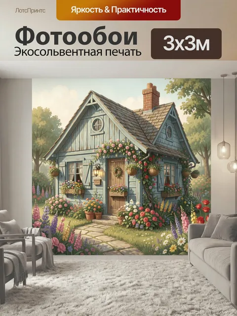 Фотообои Уютный садовый домик с цветами. Сказочный коттедж в деревенском стиле среди пышного цветника и деревьев. Паст…