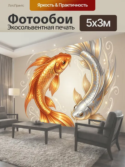 Фотообои Две кои в круге. Изящные японские карпы инь-ян в декоративном фэнтези стиле: золотистая и серебристая чешуя