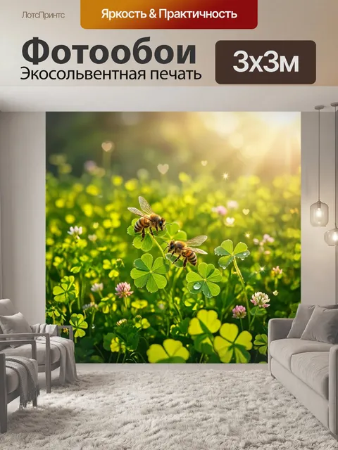 Фотообои Поле солнечного клевера, где особенно красивы цветы, источающие сладкий аромат, а пчелы летают вокруг. стиль:…