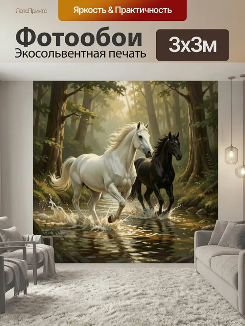 Фотообои Две лошади в лесном ручье. Белый и вороной кони бегут по воде среди высоких деревьев. Живописная сцена в мягк…