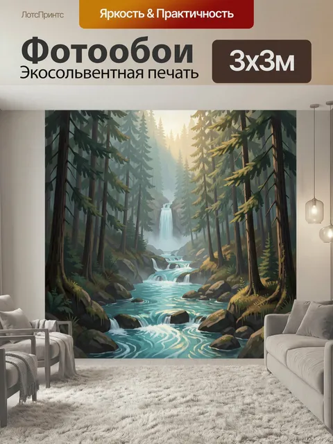 Фотообои Лесной водопад среди хвойных деревьев. Живописная таежная сцена с каскадами воды, бирюзовой рекой и высокими …