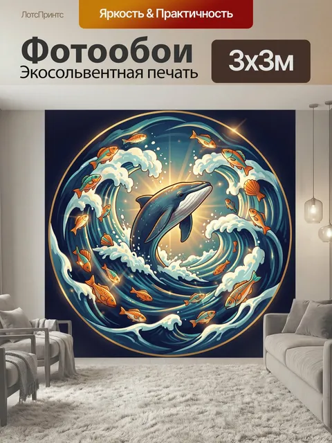 Фотообои Кит среди морских волн и рыб