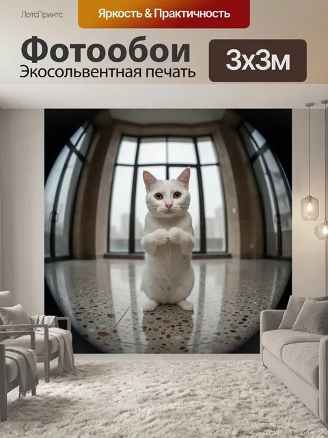 Фотообои Белый кот в просторном интерьере. Минималистичный кадр с белоснежным котом в центре, большие окна и светлый с…