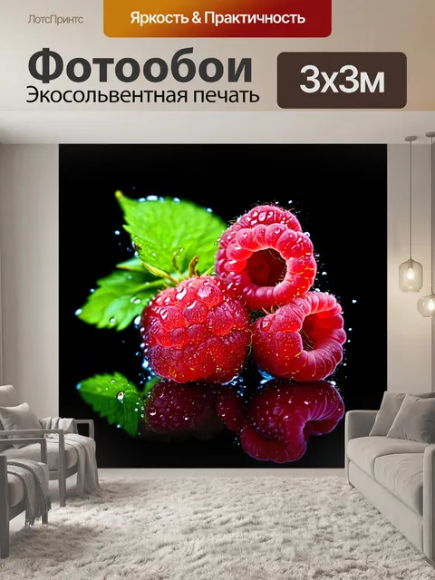 Фотообои Яркие спелые малинки, покрытые капельками воды, на фоне черного цвета. На ягодах видна текстура и детали, лис…