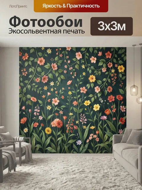 Фотообои Цветущий сад на темном фоне. Нежные полевые бутоны и распустившиеся соцветия среди густой зелени, декоративна…