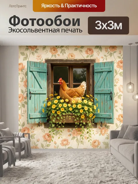 Фотообои Курица на окне с цветами. Уютная деревенская сцена с рыжей несушкой у распахнутых бирюзовых ставен и окна, ок…
