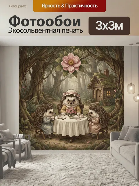 Фотообои Ежики на чаепитии в лесу. Сказочная иллюстрация с семейством ежей за столиком среди деревьев, цветов и уютног…