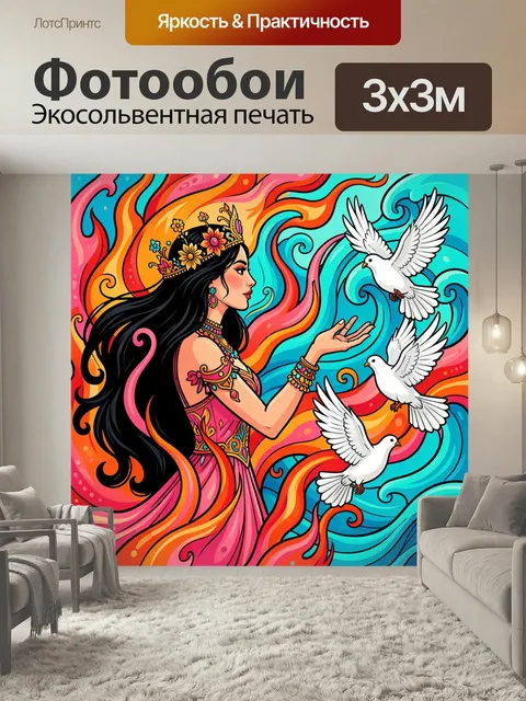 Фотообои Девушка с голубями в вихрях. Яркая фантазийная иллюстрация: восточная красавица с длинными чёрными волосами, …