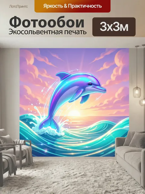 Фотообои Дельфин на закате в море. Яркая цифровая иллюстрация с прыгающим морским дельфином, неоновыми переливами и бр…