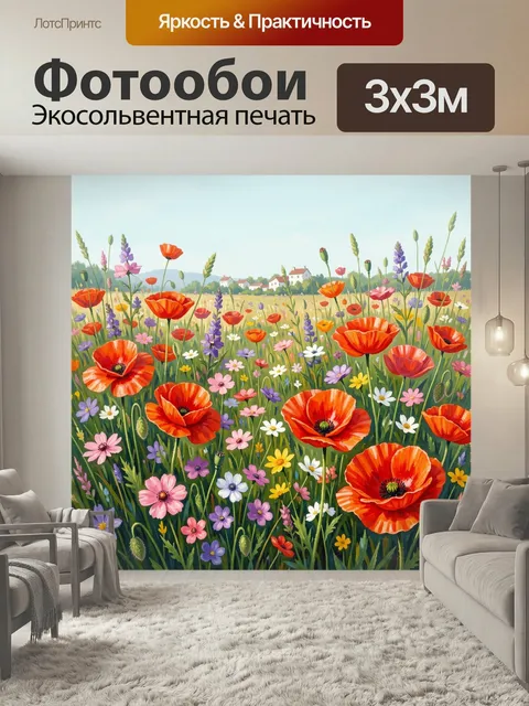 Фотообои Маковое поле с полевыми цветами. Яркий летний сельский пейзаж с алыми маками, лавандовыми и розовыми луговыми…