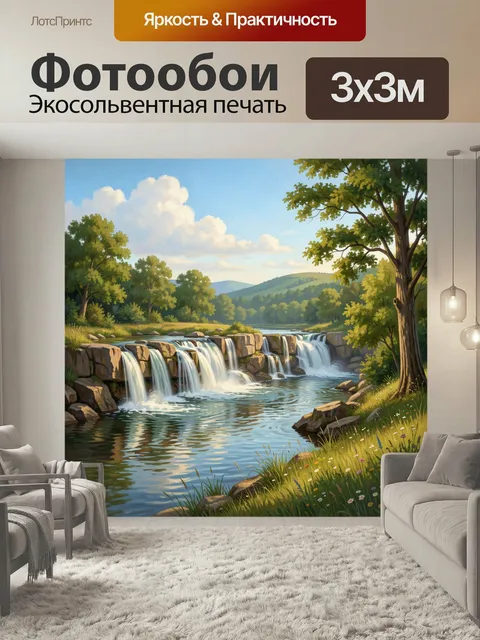 Фотообои Лесной водопад и река. Живописная природная сцена с каскадами воды, зелёными деревьями, холмами и голубым неб…