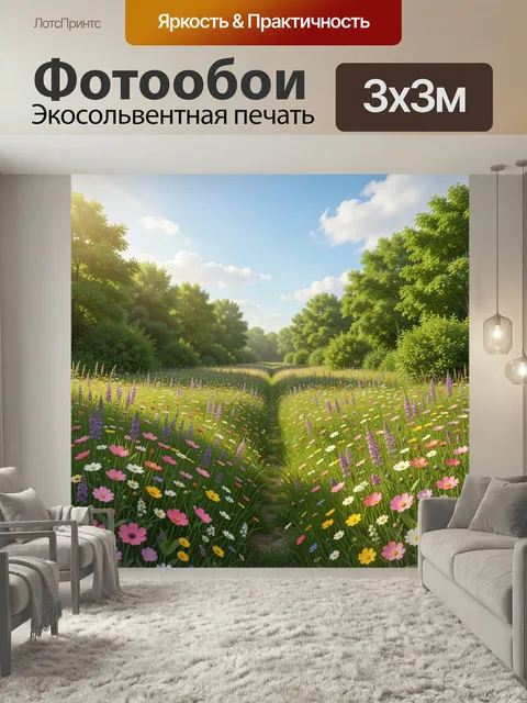 Фотообои Цветущая лесная поляна. Летний пейзаж с узкой тропинкой среди густой зелени и разноцветных полевых цветов. Яр…