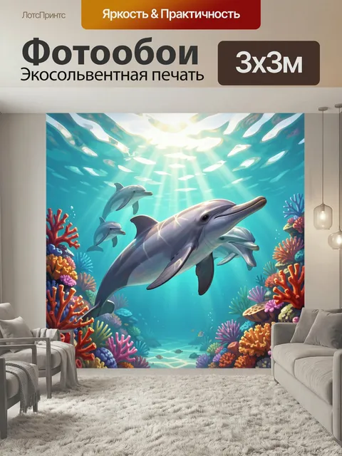 Фотообои Дельфины в коралловом рифе. Подводная сцена с игривой стаей дельфинов среди ярких кораллов, лучи солнца проби…