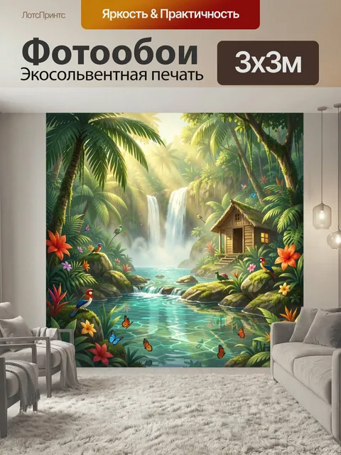 Фотообои Тропический водопад с хижиной. Экзотический уголок джунглей: каскад воды, бирюзовая лагуна, пальмы, яркие цве…