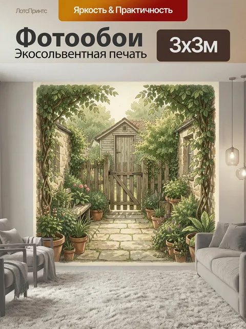 Фотообои Уютный сад с деревянной калиткой. Светлая иллюстрация старинного дворика с дорожкой из плитки, калиткой, доми…