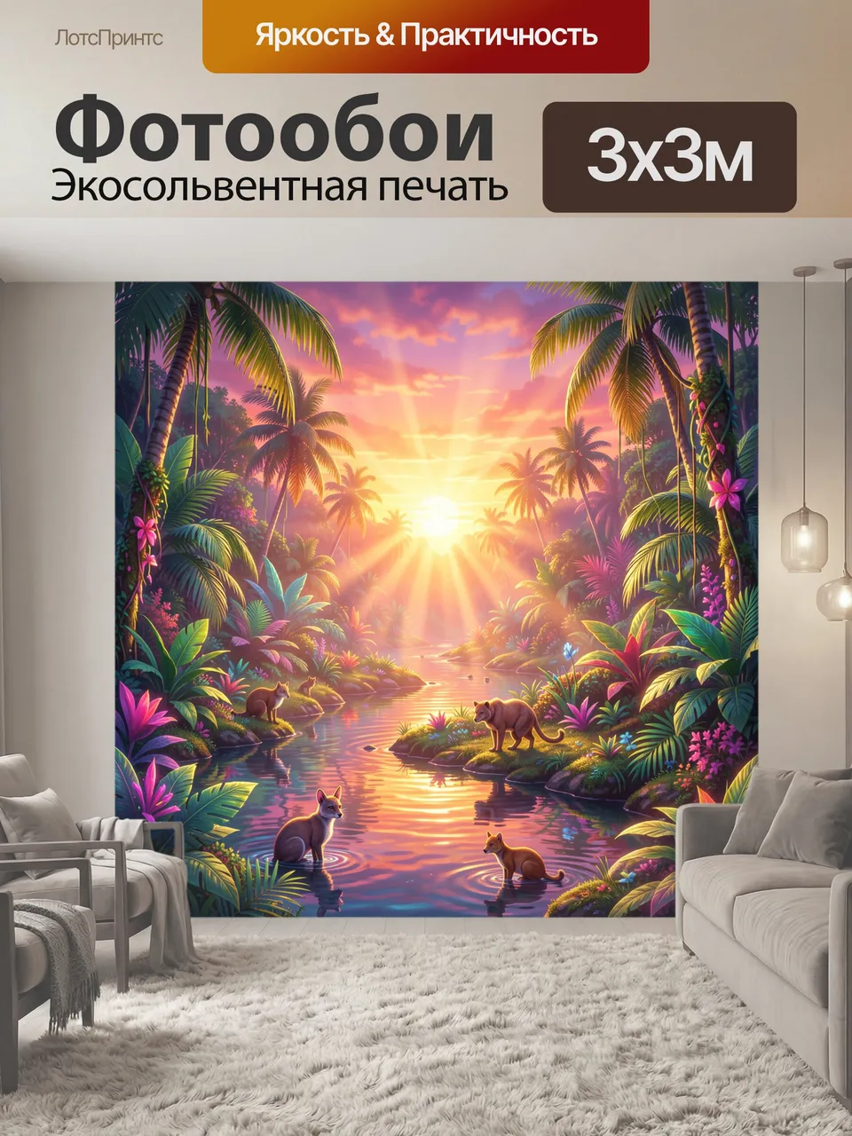 Фотообои Тропический пейзаж на закате с котами. Солнечный закат над тропической лагуной: пальмы, пышные джунгл…