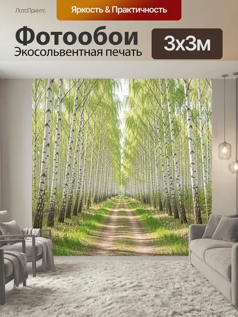 Фотообои Берёзовая аллея в лесу. Светлая природная сцена с ровными белоствольными деревьями и узкой грунтовой тропой в…