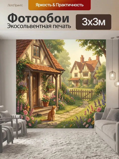 Фотообои Уютный деревенский домик с котом. Сказочная иллюстрация английского коттеджа в цветущем саду: рыжий кот у кры…