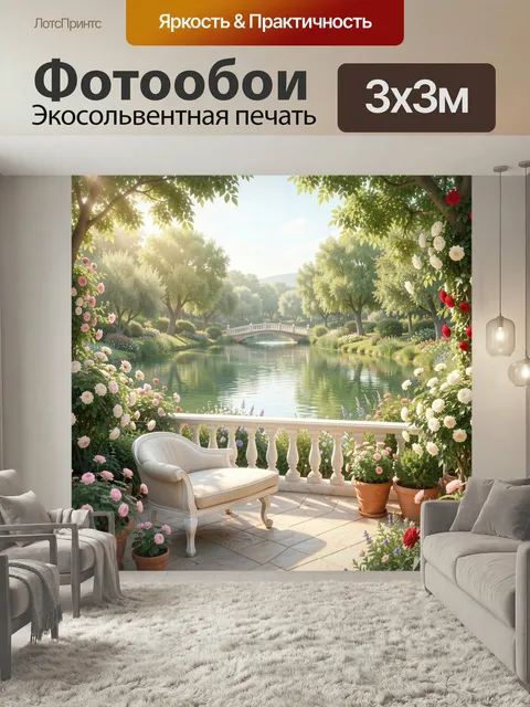 Фотообои Солнечный сад у тихого озера. Романтичный парк с водной гладью, белой аркой через канал и цветущими розами в …