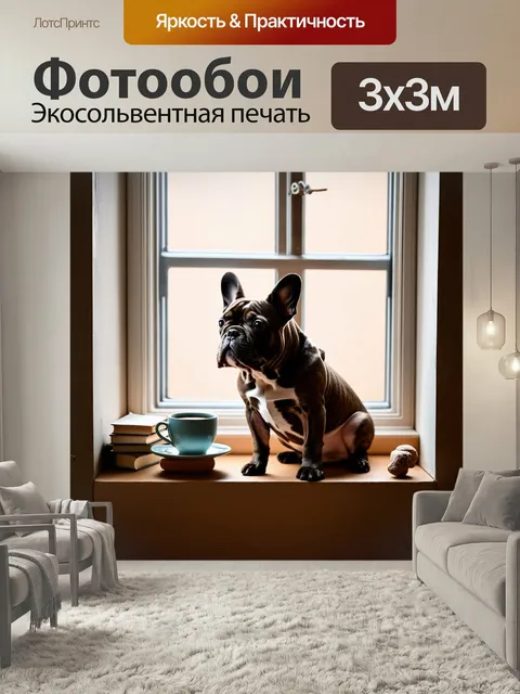 Фотообои Французский бульдог, сидящий на подоконнике старинной квартиры, с книгами и чашкой кофе