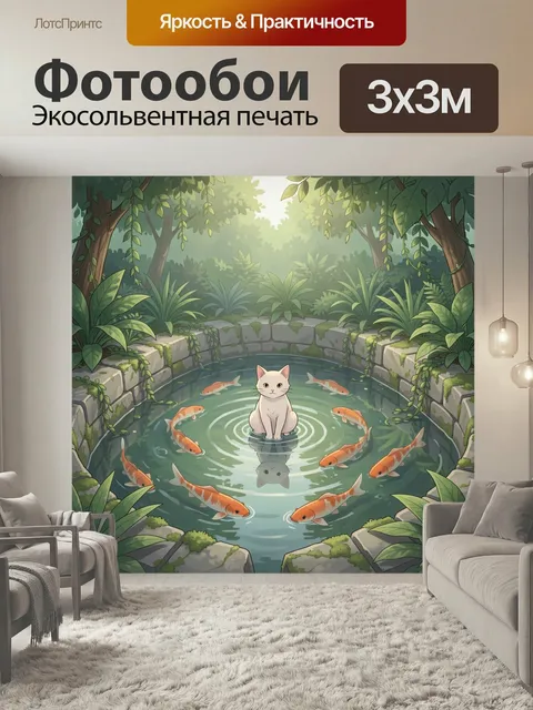 Фотообои Кот в садовом пруду с карпами. Милый аниме-рисунок: белый кот сидит в круглом каменном водоеме среди оранжевы…