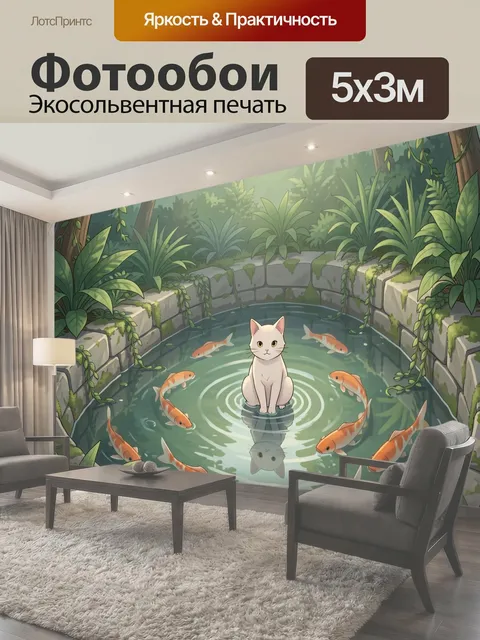 Фотообои Кот в садовом пруду с карпами