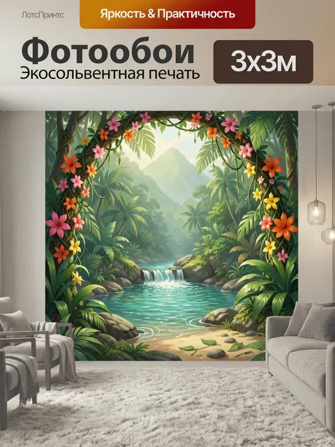 Фотообои Тропический водопад в джунглях. Яркая иллюстрация с экзотической зеленью, цветущими лианами, бирюзовой водой …