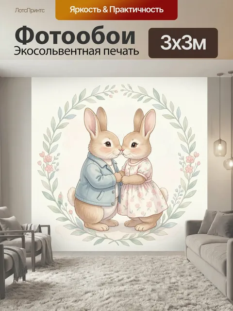 Фотообои Два зайца в цветочном венке. Нежная акварельная иллюстрация с парой милых кроликов в пастельных оттенках, окр…