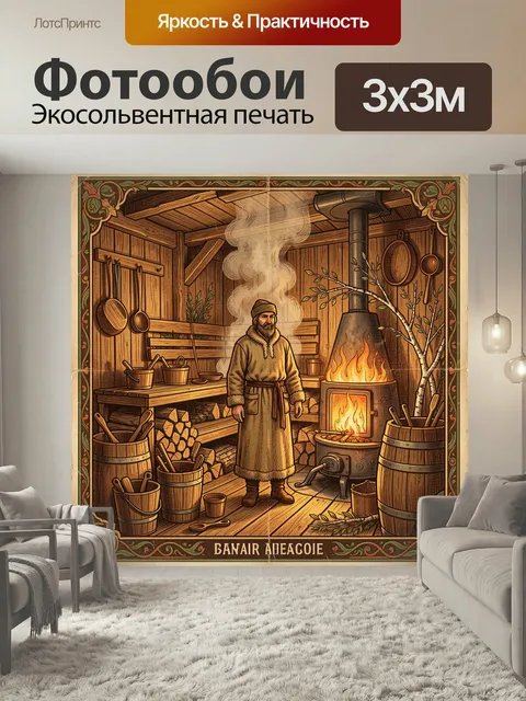 Фотообои Старинная баня с печью. Ретро-иллюстрация деревянного помещения с мужчиной в теплой одежде, раскаленной буржу…