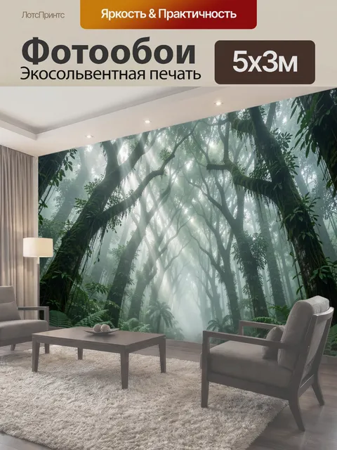 Фотообои Густой туманный лес с высокими изогнутыми деревьями и пышными папоротниками на переднем плане