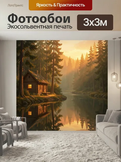 Фотообои Лесная избушка у тихой реки. Уютный деревянный домик среди высоких сосен, спокойная вода с отражениями, тёплы…