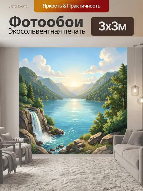 Фотообои Горная долина с озером и водопадом. Живописная альпийская панорама с бирюзовой водой, скалами, хвойным лесом …