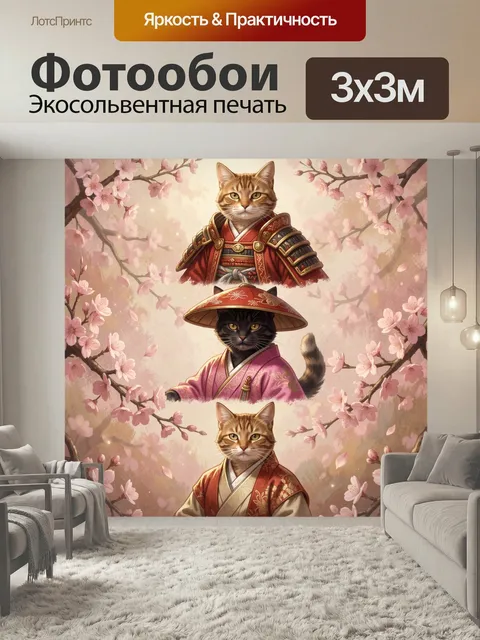 Фотообои Коты в японских кимоно среди сакуры. Три кошки в восточных нарядах на фоне цветущей вишни, мягкая пастельная …