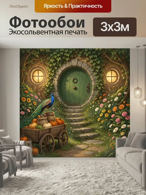 Фотообои Сказочный домик в цветущем саду. Уютный круглый вход в сказочный дом, окруженный зеленью, вьюном и яркими пол…
