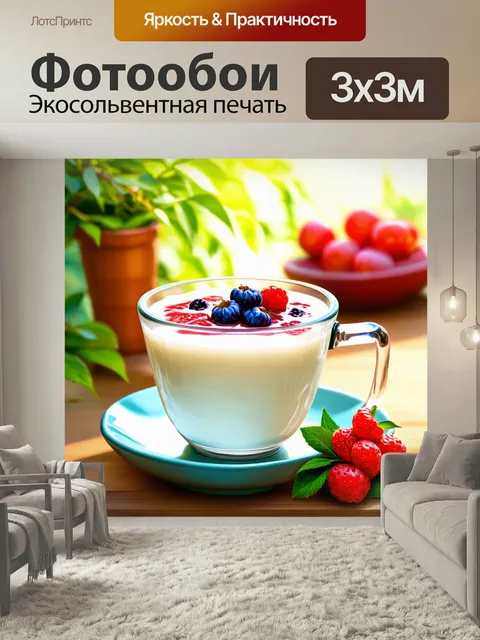 Фотообои Молоко с ягодами на фоне летнего медитационного уголка, стиль цифровой живописи, создающий чувство спокойстви…