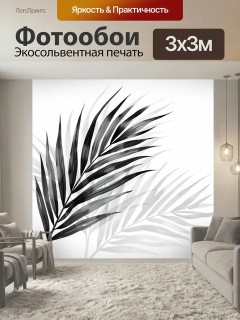 Фотообои Черно-белые тропические листья. Минималистичная композиция с изящными вытянутыми листьями пальмы в монохромно…